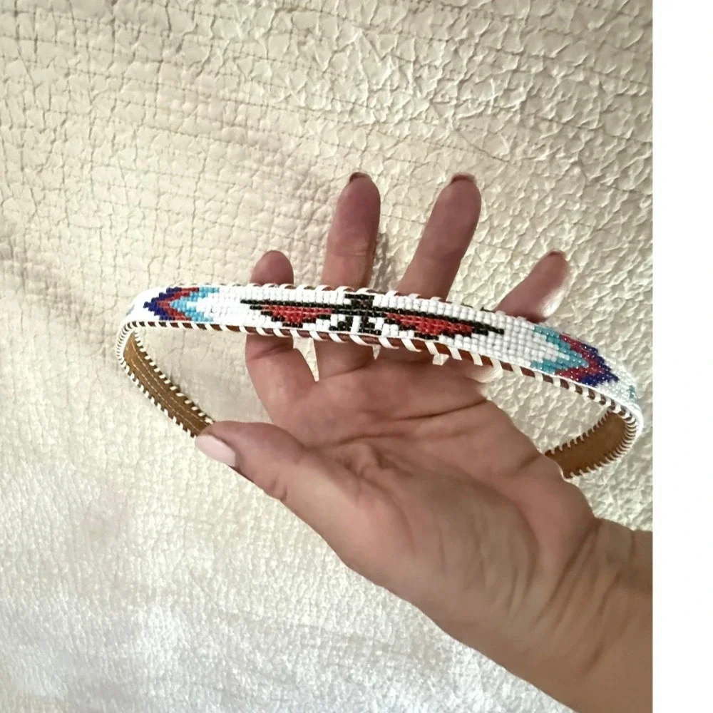 Southwestern Beaded Leather Belt Size 38 Brown White Turquoise Tribal Western